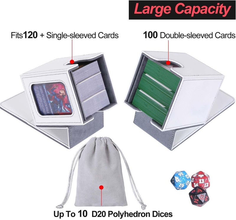 AFIING MTG Deck Box for Commander Display, Fits 100 Double Sleeved Cards, Magic Commander TCG Card Storage Box with 2 Dividers, Drawstring Bag and 1 Toploader (White/Grey) - Image 3